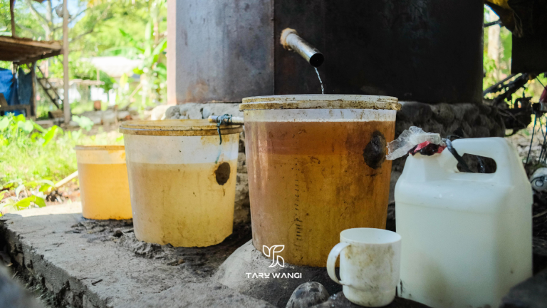 Traditional patchouli oil steam distillation process in a rural Sulawesi facility by Taru Wangi.